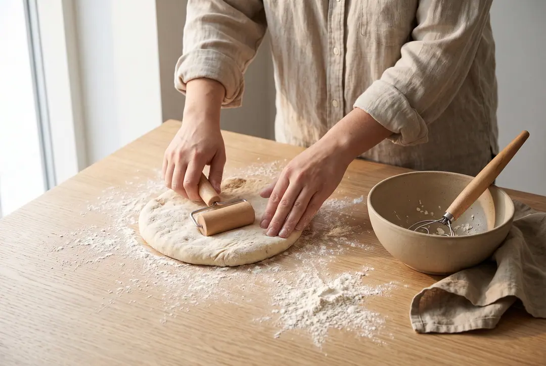 Hender som baker med kjevle og dansk deigvisp ved en bolle med deig
