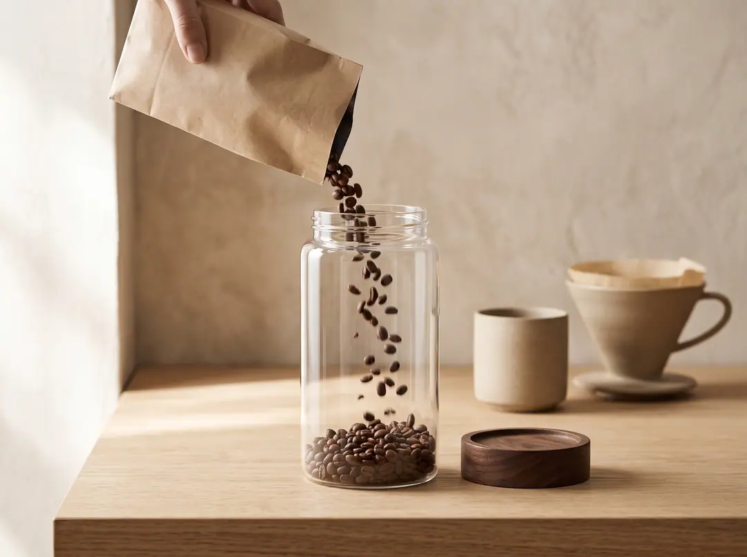 Kaffebønner som helles i en glasskrukke